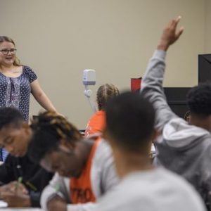 Audra Parsons, a graduate student in the Center for Mathematics and Science Education, instructs RUBI students during a recent classroom session. Photo by Thomas Graning/Communications