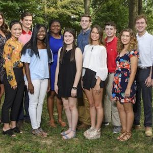 Douglass Sullivan-Gonzalez (right), dean of the Sally McDonnell Barksdale Honors College, meets with Honors scholars (from left) Autumn Fortenberry, Brithney Ngo, Ella Endorf, Ivy Li, deYampert Brame Garner II, Kayci Kimmons, Ajah Singleton, Emily Wright, Samuel Starr, Arabella Hamm, Kaden Spellmann, Hayden Williamson and Andrew Gardner. Photo by Thomas Graning/UM Digital Imaging Services
