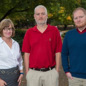 UM faculty members Karen Forgette (left), Guy Krueger and Andrew Davis have won the Digital Learning Innovation Award from the Online Learning Consortium. Photo by Kevin Bain