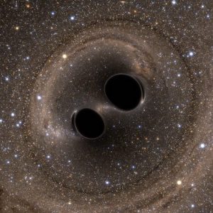 This simulation depicts two merging black holes, each about 30 solar masses. This is approximately what a person would see if they could travel in spaceship to take a closer look at merging black holes.