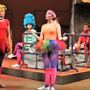 Meghan Tanaka (left), Chloe Busick, Quincey Huerter, Aidan Heydt and Allen Dillon portray actors re-creating a classic episode of ‘The Simpsons’ years after an ecological disaster has fractured society in Ole Miss Theatre’s production of ‘Mr. Burns, a post-electric play.’ Photo by Katherine Stewart