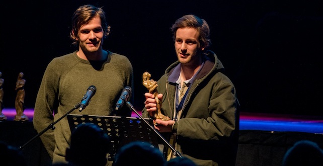 Houston Settle and Jordan Berger accept the Spirit of the Hoka Award at the 2013 Oxford Film Festival. Photo by Danny Klimetz
