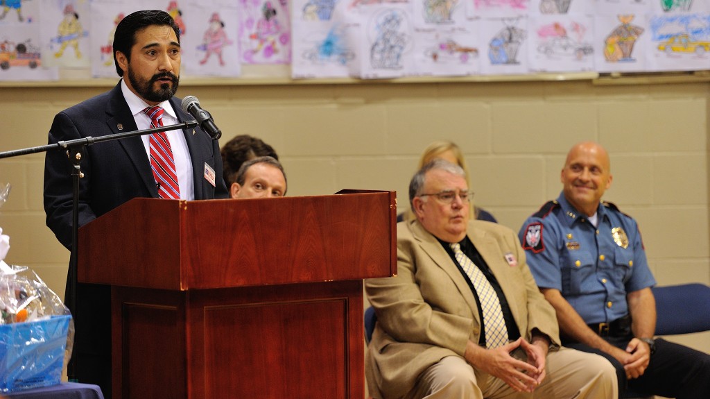 Michael Howland, UM coordinator of veteran and military services addresses the crowd at the annual LOU 9/11 Day of Service. Photo by Robert Jordan/Communications