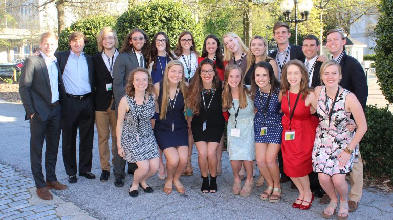 Among the 21 Stamps Scholars from UM who traveled to Atlanta for the 2017 Stamps Scholars National Convention are (front, from left) Madeleine Achgill, Sally Boswell, Kathryn James, Nikki Sullivan, Page Lagarde, Summer Jefferson and Eloise Tyner, and (back, from left) Ben Branson, Tom Fowlkes, Heath Wooten, Brendan Ryan, Kate Prendergast, Emily Tipton, Anna Daniels, Eveanne Eason, Michaela Watson, R.G. Pickering, Dylan Ritter and Ben Bradford. Submitted photo