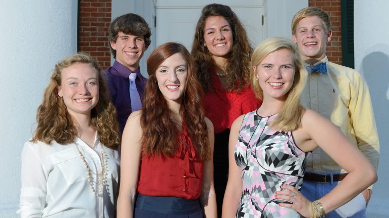 The inaugural cohort of Stamps Scholars at UM entered as 2013 freshmen. They are (from left) Madeline Achgill, Dylan Ritter, Kathryn Prendergast, Kathryn James, Eloise Tyner and Benjamin Branson. Photo by Kevin Bain/Ole Miss Communications