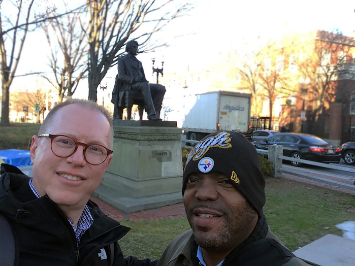 Jeff Jackson (left) and Chuck Ross (right) posing with the statue of abolitionist Senator Charles Sumner while in Cambridge, Massachusetts, for the “Universities and Slavery: Bound by History” conference at the Radcliffe Institute for Advanced Study at Harvard University. Photo by Jeffrey Jackson, March 2017.