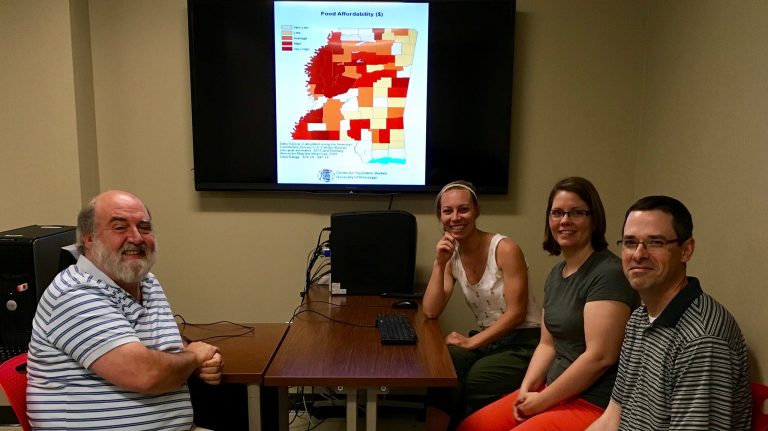 Meeting to discuss the Mississippi Health and Hunger Atlas in UM’s Department of Sociology and Anthropology are (from left) Clifford Holley, Rachel Haggard, Anne Cafe and John Green. Submitted Photo