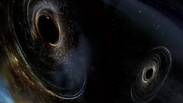 The black holes detected by LIGO are much more massive than any previously observed using X-ray telescopes. Here, two black holes spiral around each other just before merging into one massive black hole. Illustration courtesy LSC/Sonoma State University/Aurore Simonne