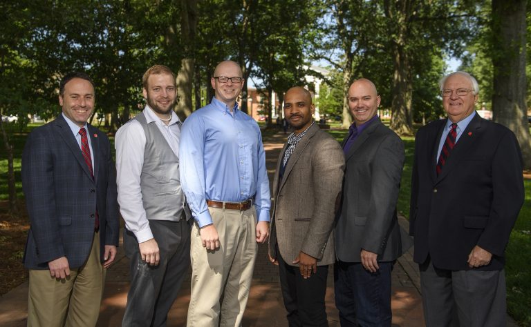 Dean Lee Cohen, far left, and Associate Dean Charles Hussey, far right, congratulate UM’s 2017 College of Liberal Arts New Scholars. They are, from left to right, Jared Delcamp, Joshua Hendrickson, Derrick Harriell and Matthew Wilson. Thomas Graning/Ole Miss Communications
