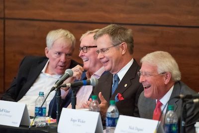 Chancellor Jeffrey Vitter (third from left) enjoys a humorous moment with (from left) Jim Barksdale, Jim Clark and U.S. Sen. Roger Wicker during the UM Technology Summit. Kevin Bain/UM Communications
