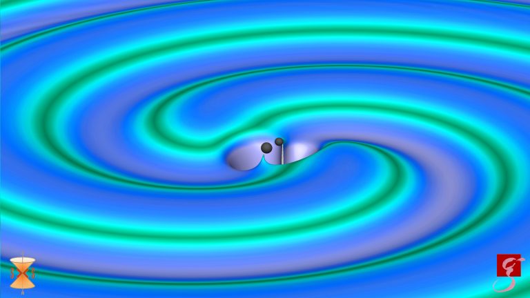 Two orbiting black holes spiral toward each other in this image from an animation prepared by the Max Planck Institute for Gravitational Physics. As the black holes merge, they generate gravitational waves, with dark green areas indicating weak fields and bright violet indicating strong fields. Submitted graphic