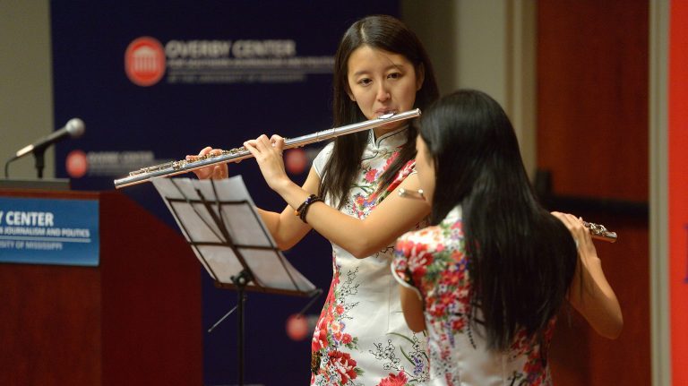 UM students Guangyi Zou and Yin Chang play the Chinese folk music duet ‘Molihua’ as part of the 2015 International Education Week. This year’s observance features demonstrations from Malpaso Dance Company of Cuba, among many other events. Photo by Kevin Bain/Ole Miss Communications