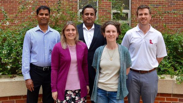 Members of several UM departments collaborated to secure a new field-emission scanning electron microscope that will benefit multiple disciplines. The team includes (from left) Vijayasankar Raman, Brenda Hutton-Prager, Soumyajit Majumdar, Jennifer Gifford and Kevin Lewellyn. UM photo by Sydney Slotkin DuPriest