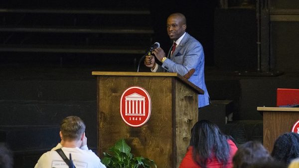 Southern studies and sociology professor Brian Foster delivers the keynote address for the UM Black History Month opening ceremony. Photo by Thomas Graning/Ole Miss Communications