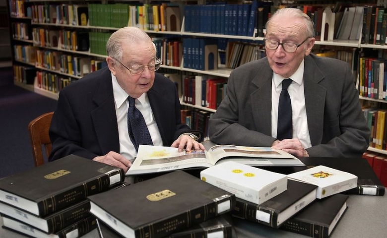 Chuck Noyes (right) and his close friend and colleague, John Pilkington, a senior professor of American literature, often worked together to strengthen the J.D. Williams Library.