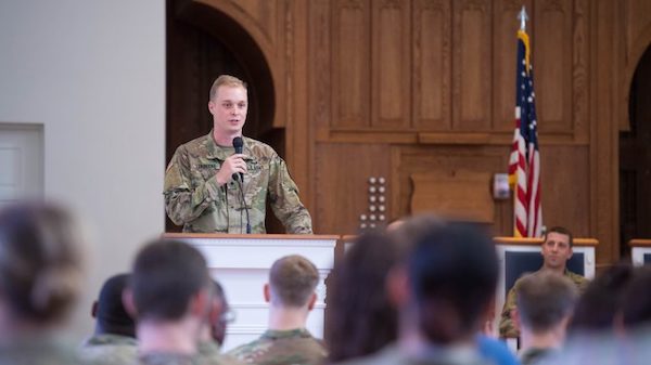Army ROTC Cadet Donald Lorbecke speaks during the recent Cadet ‘Change of Command” ceremony. Photo by Kevin Bain