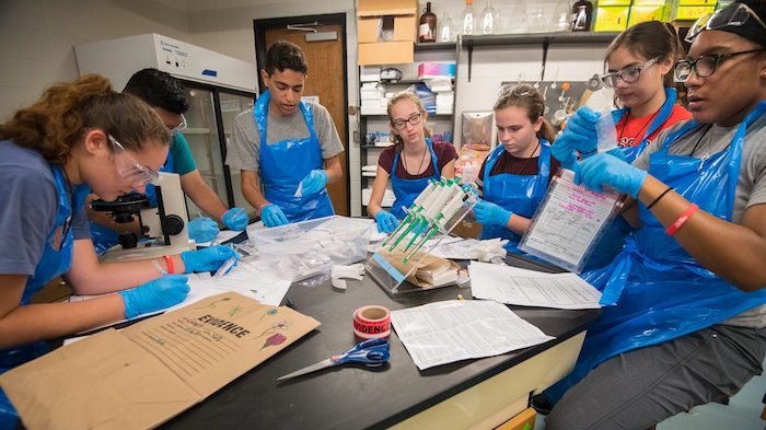 Participants in CSI summer camp practice lifting fingerprints from objects. The camp, for middle and high school students, is hosted by the forensic chemistry program in the UM Department of Chemistry and Biochemistry and the Division of Outreach and Continuing Education. 
