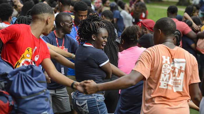 By participating in interactive team building activities, students are empowered and learn valuable lessons during the 2018 Mississippi Outreach to Scholastic Talent Conference. Photo by Marilee Crawford