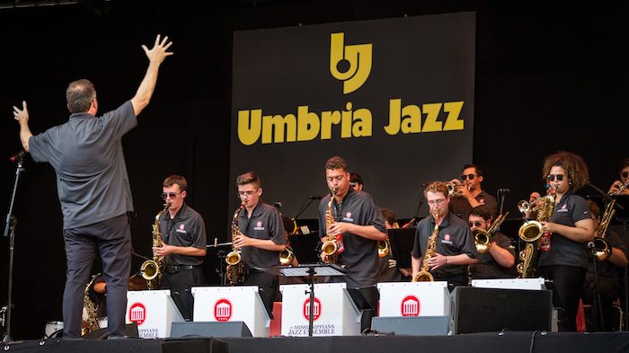 The Mississippians perform at the Umbria Jazz Festival this summer in Perugia, Italy, as part of the group’s European tour. The group includes (from left) Asher Mitchell, Tyler Hewett, Christopher Scott, Ryne Anderson and Courtney Wells on saxophone. 