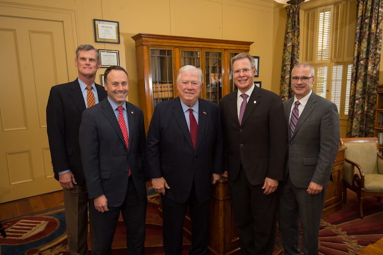 The University of Mississippi will soon be home to the Haley Barbour Center for the Study of American Politics. From left, John Bruce, chair and associate professor of political science; Lee Cohen, dean of the College of Liberal Arts; Haley Barbour, former governor of Mississippi; Jeffrey S. Vitter, UM Chancellor; and Noel Wilkin, provost and executive vice chancellor. Photo by Kevin Bain
