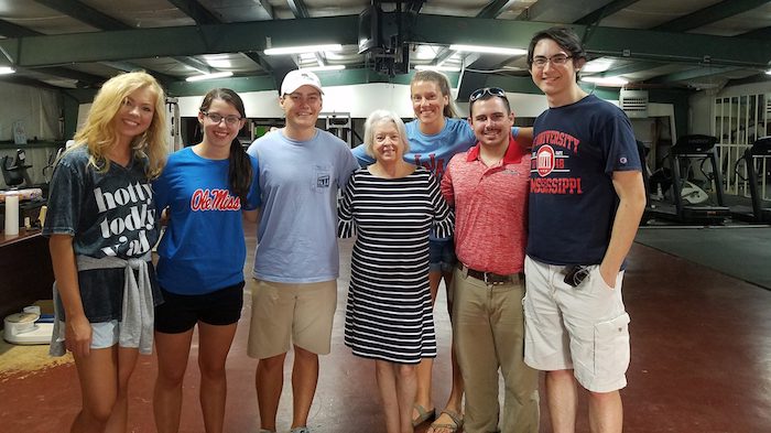 Judy Bland (center), executive director of the Marks Project, meets with UM students (from left), Sydney Mitchell, Payton Meadoes, Kym Gordon, Cole Corek, John Haynes and Adam Cuff. 