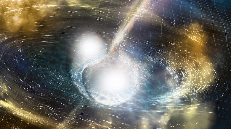Neutron stars – pictured in this artist’s illustration of two merging neutron stars – are among the phenomena to be studied at the new UM Center for Multi-messenger Astrophysics. The narrow beam represents the gamma-ray burst, and the rippling spacetime grid indicates the isotropic gravitational waves that characterize the merger. Swirling clouds of materials ejected from the collision are a possible source of the light that was seen at lower energies. Graphic courtesy National Science Foundation/LIGO/Sonoma State University
