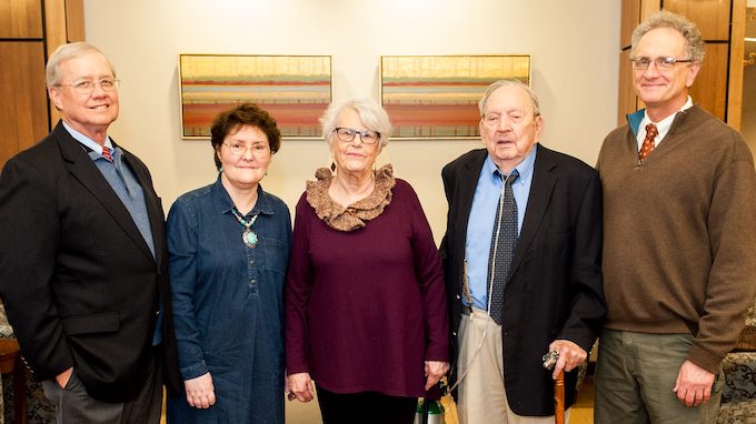 Ron and Jody Wilson (from left) have made a gift to the UM Sally McDonnell Barksdale Honors College in honor of Mary Lou and Harry Owens. Representing the Honors College is the dean, Douglass Sullivan-Gonzalez. 
