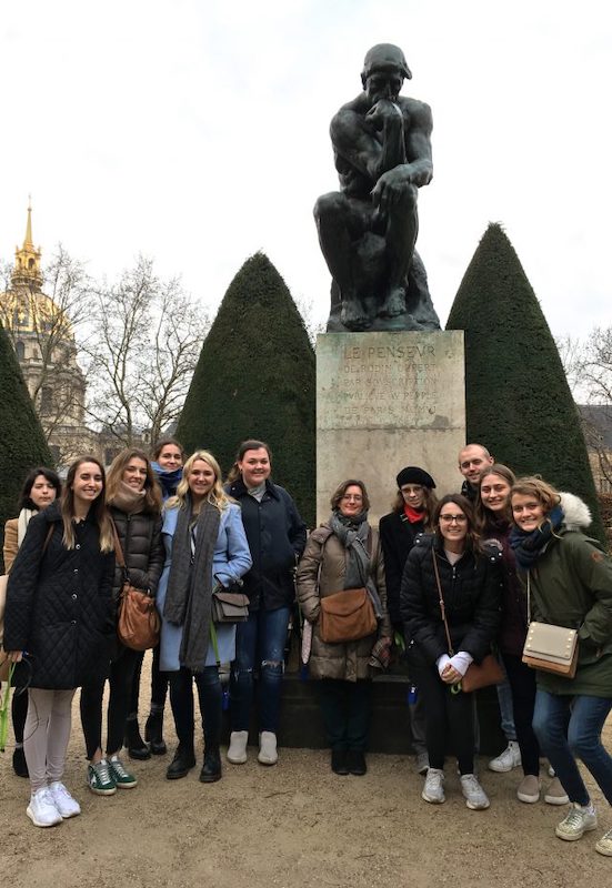 UM students and faculty members visit the Rodin Museum in Paris, stopping in the museum’s gardens to view the sculptor’s famous work “The Thinker.” The group includes (from left) Maia Pimperl, Kathelyn Hoffman, Greyson Keel, Drew Davis, Mary Claire Hayes, Olivia Jordan, Louise Arizzoli, Michaela Gay, Ryan Darby, Sarah Reininger, Madeline Stratemann and Pearson Moore. 