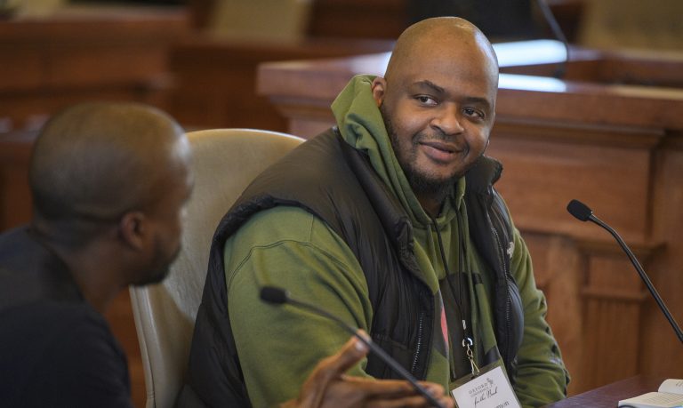 Kiese Laymon speaks with Brian Foster, UM assistant professor of sociology and Southern studies, during the 2019 Conference for the Book. Laymon and Foster discussed Laymon’s book ‘Heavy: An American Memoir.’ Photo by Thomas Graning