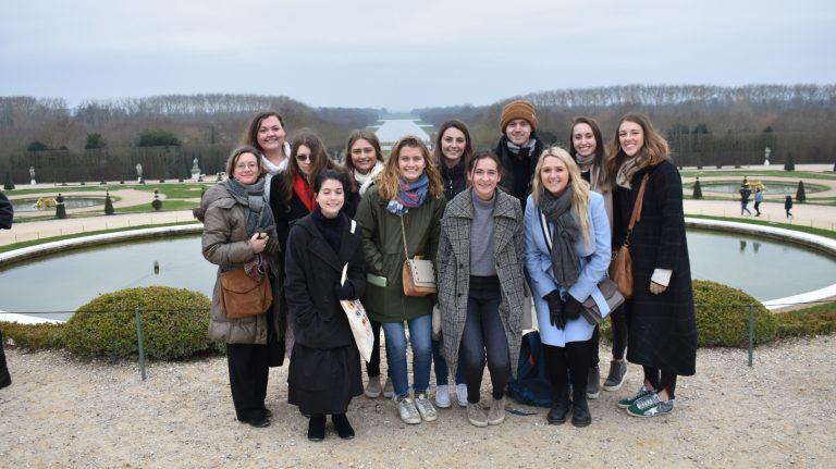 UM students and faculty members take in the beauty of the gardens at the Palace of Versailles. The group includes (from left) Louise Arizzoli, Olivia Jordan, Michaela Gay, Kathelyn Hoffman, Madeline Stratemann, Pearson Moore, Sarah Reininger, Mary Claire Hayes, Ryan Darby, Drew Davis, Maia Pimperl and Greyson Keel. 