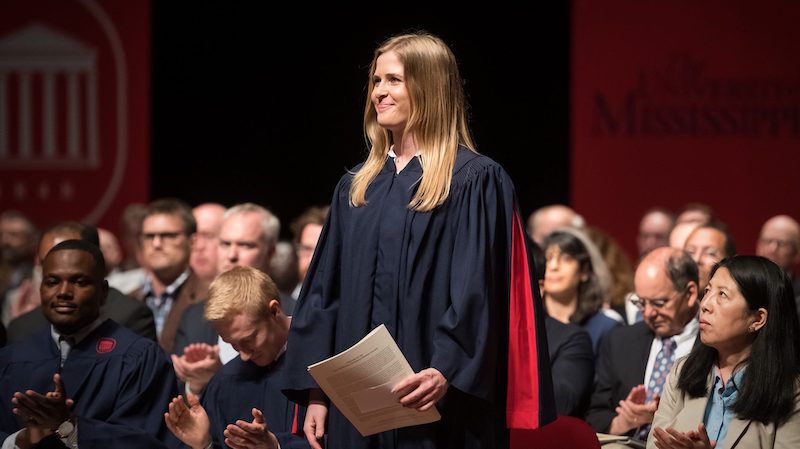 UM alumna Elaine Smith is recognized for her academic achievements during the 2019 Sally McDonnell Barksdale Honors College Spring Convocation. 
