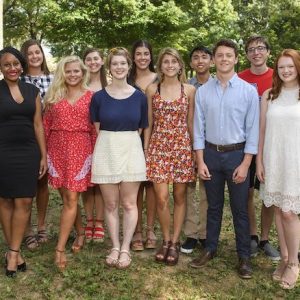 Douglass Sullivan-González (right), dean of the UM Sally McDonnell Barksdale Honors College, welcomes the 2019 cohort of freshmen scholars, including (front row, from left) Tristan Tran, Jilkiah Bryant, Anastasia Jones-Burdick, Gracie Bush, Vivienne McCracken, Ethan Lambert and Addison Pratt and (back row) Julianna French, Maren McSparin, Eva Kiparizoska, Peter Nguyen and Luke Davis. Photo by Thomas Graning