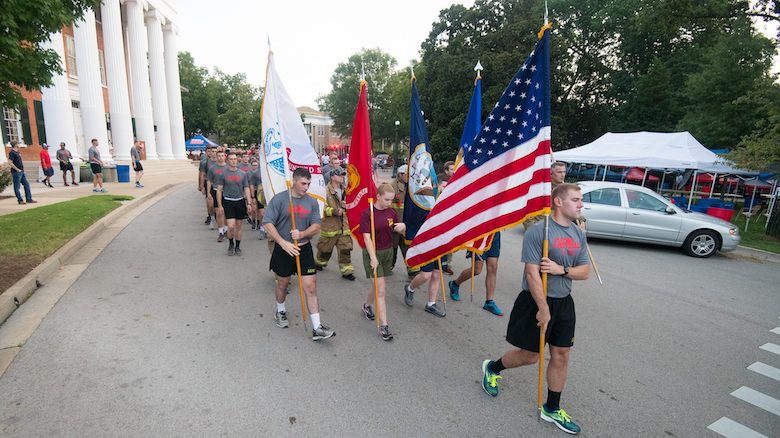 University of Mississippi ROTC cadets begin the 2018 9/11 Run in front of the Lyceum. Cadets will participate in the annual run at 8:46 a.m. Saturday (Sept. 14) to honor the nearly 3,000 victims of the Sept. 11, 2001 terrorist attacks on the United States. Photo by Kevin Bain